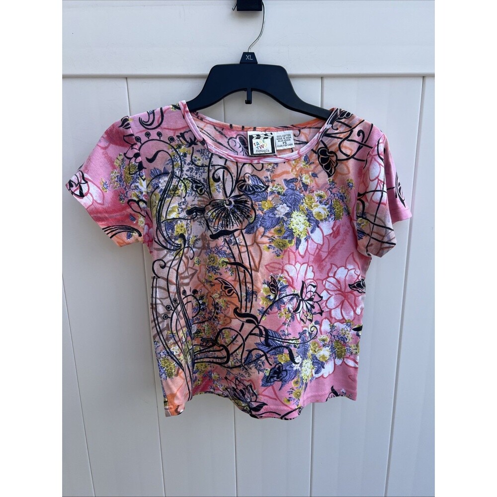 Take Two Top Womens Petite Small PS Pink Butterfly Colorful Short Sleeve Boxy